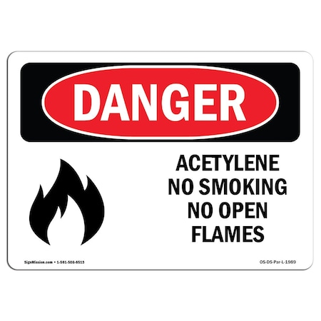 Signmission OSHA Danger, Acetylene No Smoking No Open Flames, 14in X 10in Decal, 10" W, 14" L, Landscape OS-DS-D-1014-L-1989